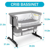 kmaier Foldable Portable Baby Bassinet Bedside Crib with Adjustable Height, Wheels, and Storage Basket,Light Gray