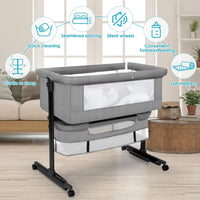 kmaier Foldable Portable Baby Bassinet Bedside Crib with Adjustable Height, Wheels, and Storage Basket,Light Gray
