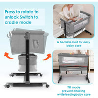 kmaier Foldable Portable Baby Bassinet Bedside Crib with Adjustable Height, Wheels, and Storage Basket,Light Gray