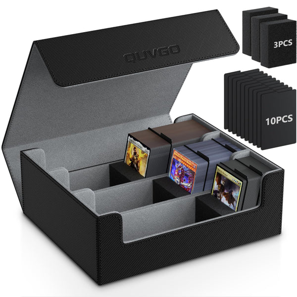 QUVGO Trading Card Storage Box for 1800+, Leather Storage Box with Strong Closure, Card Box with 10 Dividers and 3 Foam Stoppers, Commander Deck Box Fit YuGiOh, MTG and Sport Cards, Black & Gray