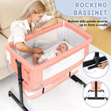 3 in 1 Bassinet Bedside Sleeper, Baby Bassinets Bedside Sleeper with Wheels, Breathable Mesh, Adjustable Height, Storage Basket, Easy Assemble & Folding (Pink)