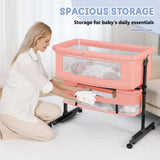 3 in 1 Bassinet Bedside Sleeper, Baby Bassinets Bedside Sleeper with Wheels, Breathable Mesh, Adjustable Height, Storage Basket, Easy Assemble & Folding (Pink)